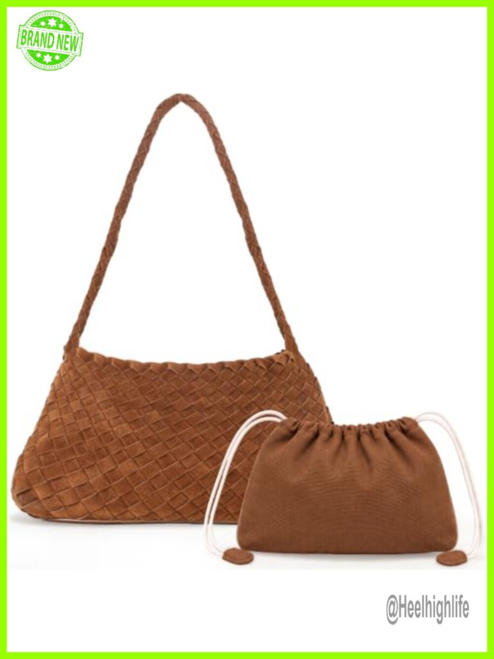 Faux Suede Woven Slouchy Tote with Canvas Drawstring Pouch